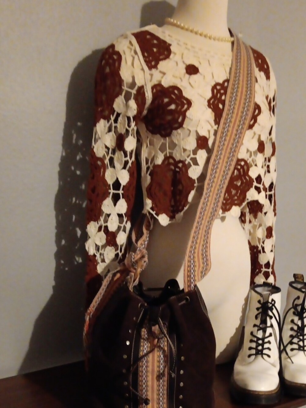 Brown Suede Drawstring Bucket Bag with Patterned Strap